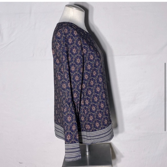 Les Amis Navy Blue Brown Cream Print Long Bell Sleeve Boho Blouse S - Picture 5 of 14